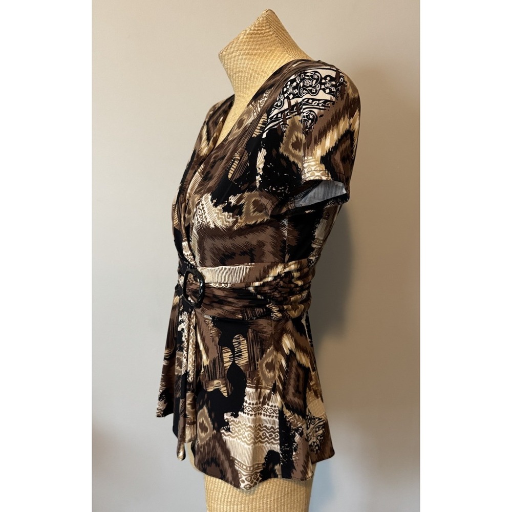 Vintage Y2K R&M Richards Top Women's 10 Printed Belted Flowy‎ Babydoll Brown - Picture 4 of 8